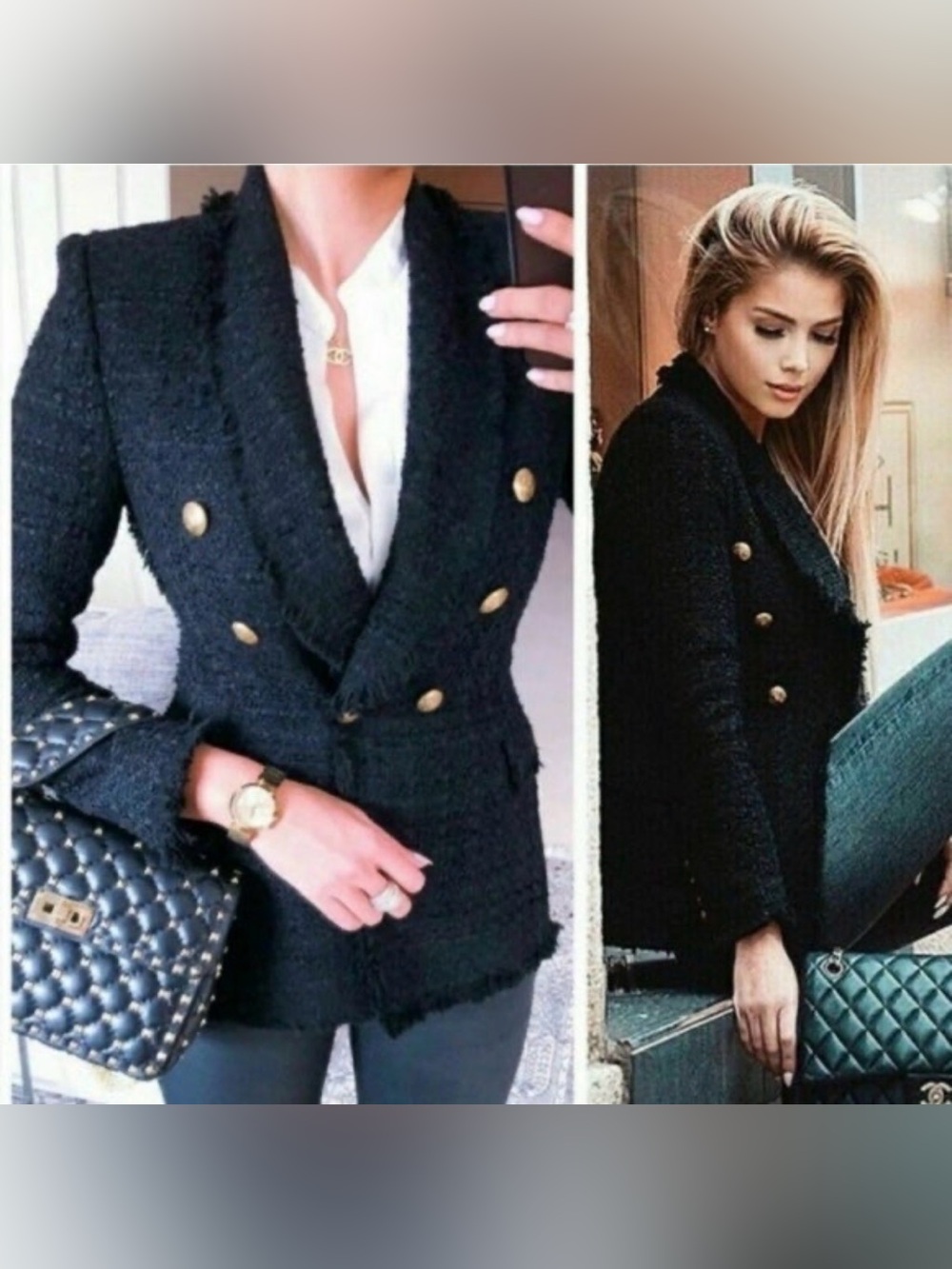 Zara Black Double-Breasted Frayed-Trim Blazer with Gold Buttons - Picture 6 of 6